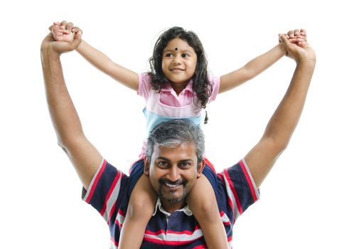 Indian father piggyback her daughter over white background