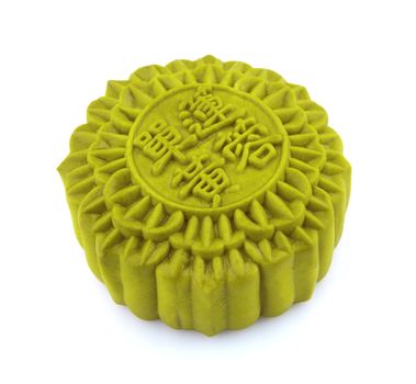 Chinese matcha Mooncake isolated over white background. Chinese words on the mooncake means "single yolk lotus".