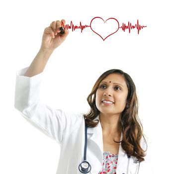 Asian Indian female doctor drawing a heartbeat over white background. Medical concept