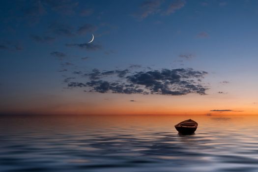 The lonely old boat at the ocean, evenig sky with moon and clouds on background