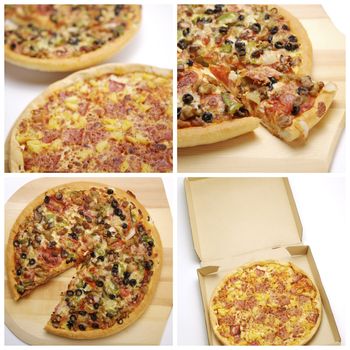 collage of four different full sized image of pizza