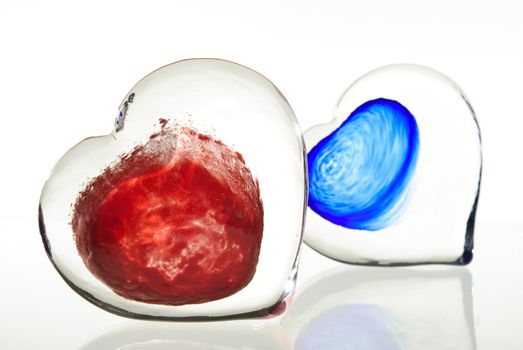 Two colored crystal hearts