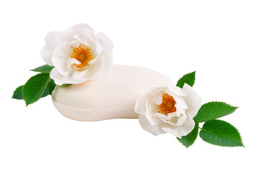 Natural soap with a two rose flower isolated on white background