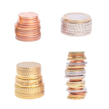 Set coins pile isolated on white background