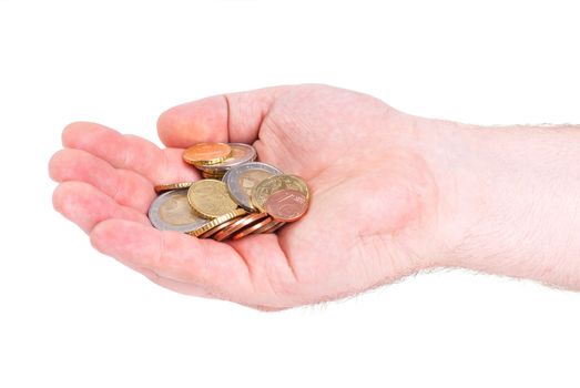 Hand with euro coins isolated on white background