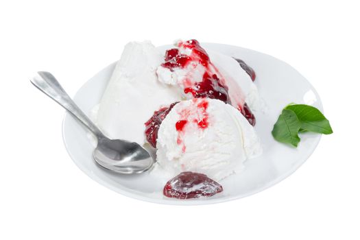 Ice cream with fruit jam and mint on plate with spoon isolated on white background