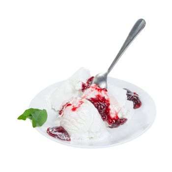 Ice cream with fruit jam and mint on plate with spoon isolated on white background