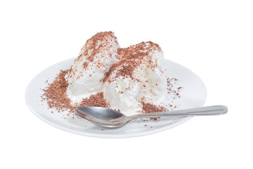 Ice cream with chocolate on plate isolated on white background