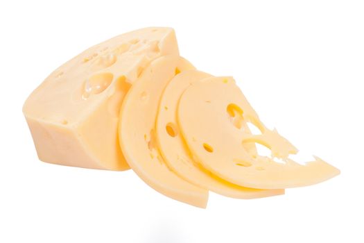 Big piece and sliced of cheese close isolated up on a white background