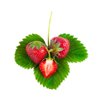 Whole and half strawberries on green leaves isolated on white background