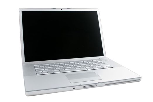 Silver portable computer. 3/4 view. 