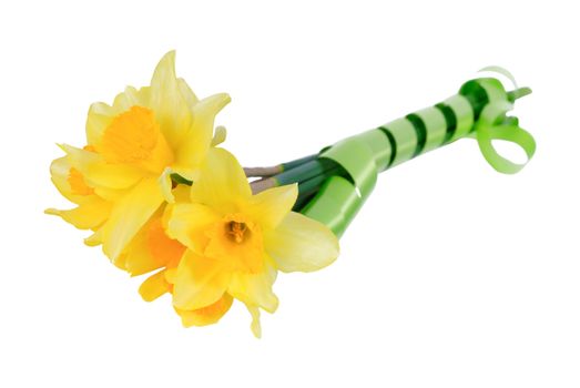 Bouquet of yellow narcissus with green tape isolated on a white background