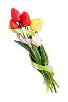 Beautyful bouquet of yellow, red and white tulips with tape isolated on a white background