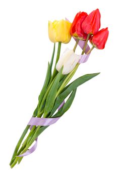 Beautyful bouquet of yellow, red and white tulips with tape isolated on a white background