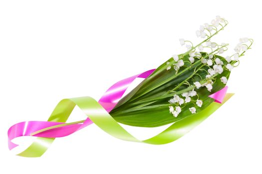 Bouquet of flowers lilies of the valley on leaf with color tape isolated white background