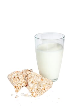 Rice biscuits and a glass of milk isolated