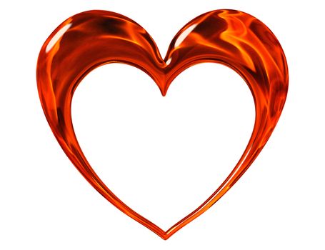 Metal 3D heart sign with fire reflection on it. Isolated on white background. Clipping path included