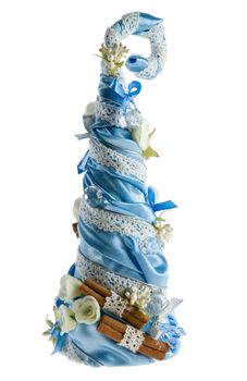 Group of artificial hand maded christmas trees isolated on white, decorated with flowers ornaments and ribbons