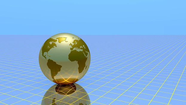 Abstract globe over grid and sky, 3d illustration.