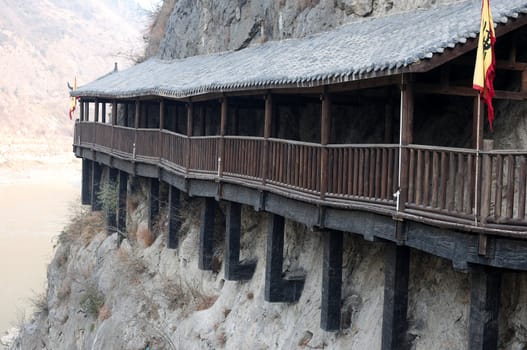 Ancient plank road built along the face of a cliff in Sichuan,China
