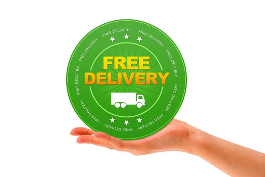 Hand holding a Free Delivery Icon on white background.
