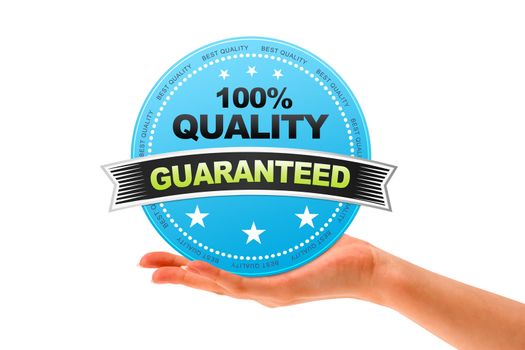 Hand holding a Quality Guaranteed icon on white background.