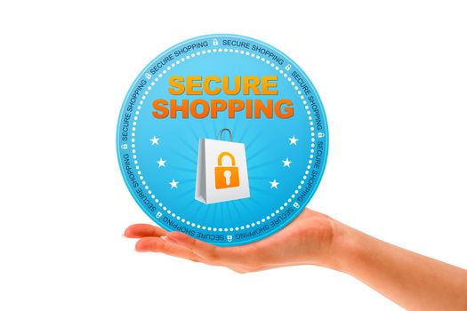 Hand holding a Secure Shopping icon on white background.