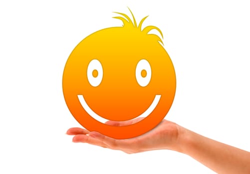 Hand holding a happy smiley on white background.