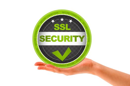 Hand holding a SSL Security icon on white background.
