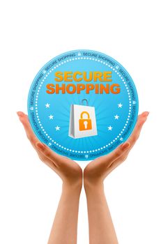 Hands holding a Secure Shopping Icon on white background.