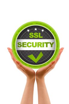 Hands holding a SSL Security Icon on white background.