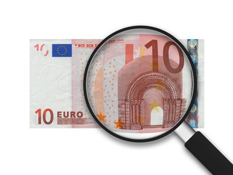 10 Euro Bill with magnifying glass on white background. 