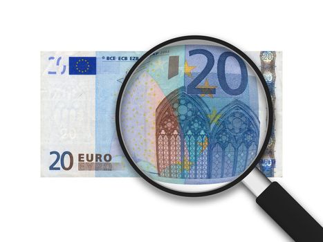 20 Euro Bill with magnifying glass on white background. 