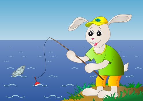 The cheerful hare in a cap fishes on a fishing tackle in the sea