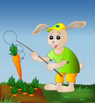 Rabbit with a fishing tackle catches a carrot from a bed