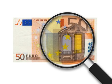 50 Euro Bill with magnifying glass on white background. 