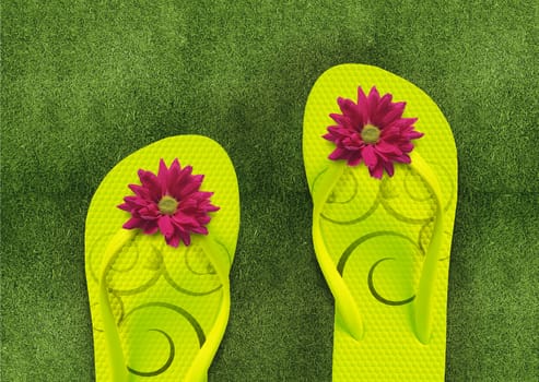 Colorful Flip Flops on green grass, summertime