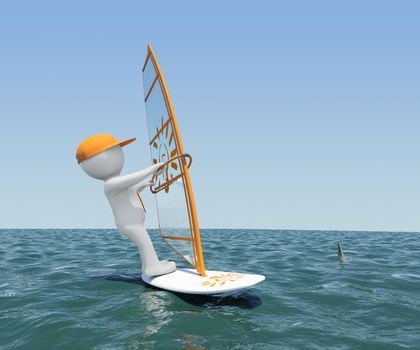 3d white man on a board with a sail floating on the sea. Against the background of blue sky