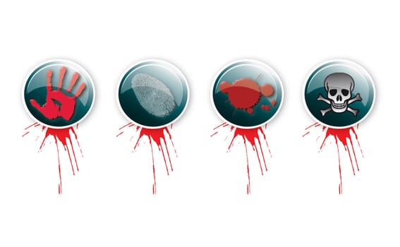 A set of four round glass effect buttons with a crime theme. Themed illustrations to each button with blood splatter. For web or print use.