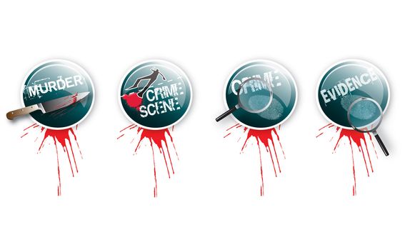 A set of four round glass effect buttons with a crime theme. Themed illustrations to each button with grunge effect type and blood splatter. For web or print use.