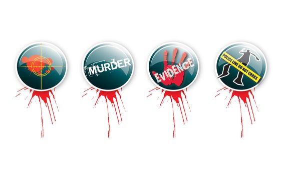 A set of four round glass effect buttons with a crime theme. Themed illustrations to each button with grunge effect type and blood splatter. For web or print use.