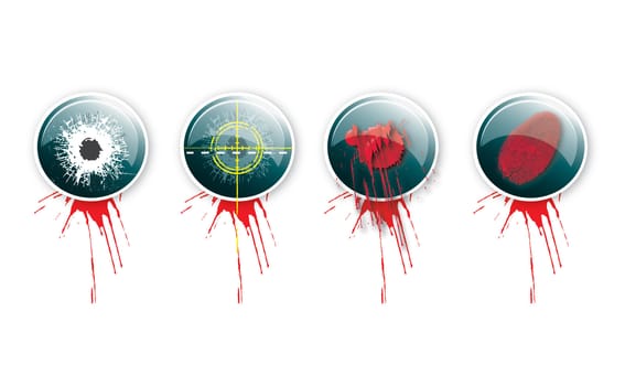 A set of four round glass effect buttons with a crime theme. Themed illustrations to each button with grunge effect type and blood splatter. For web or print use.