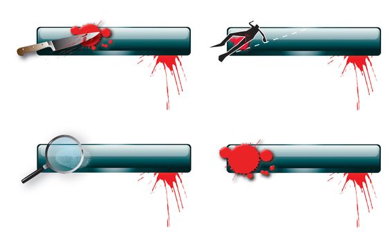 A set of four horizontal glass effect buttons with a crime theme. Themed illustrations set to each bar with blood splatter. Blank space available for text. For web or print use.