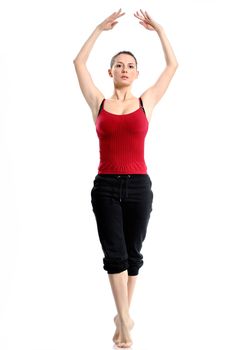 Girl in sportswear doing sport exercises. Isolated over white background.