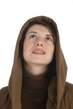 Young woman in hood looking up
