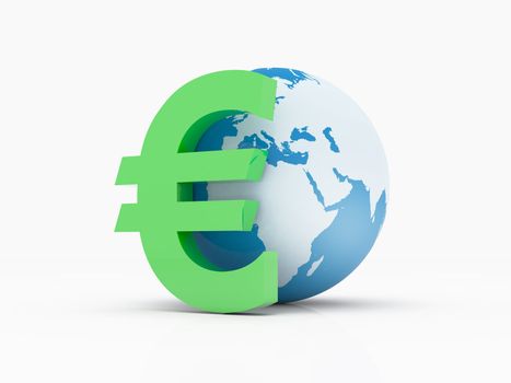 Financial symbol euro is in front of the globe on white background.