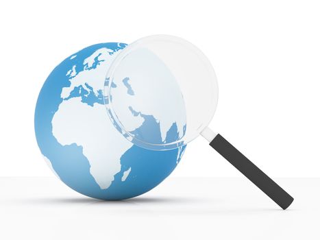 Globe with magnifying glass over Asia, Africa and Europe on white background.