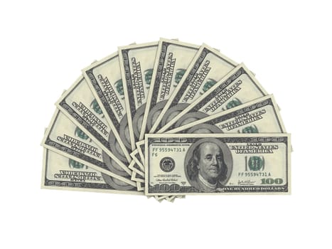 Group of one hundred dollar bills on white background.