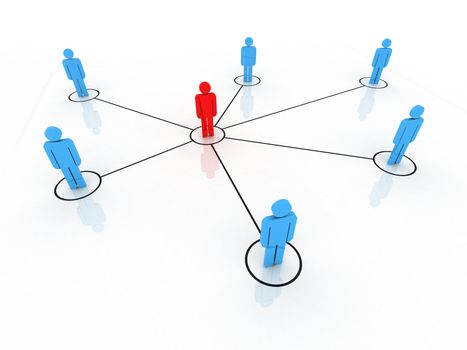 Social people on circular lines with blue symbols and red social man in the middle of the group.