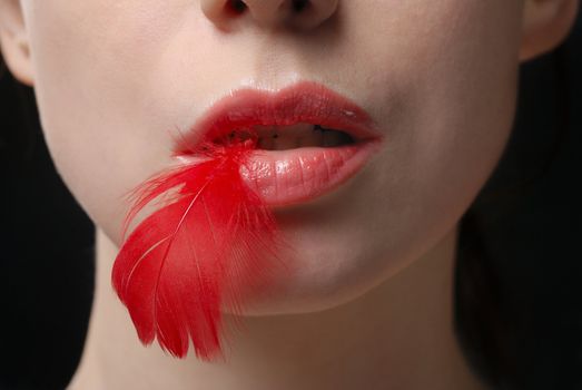 Young woman holding red plume in teeth